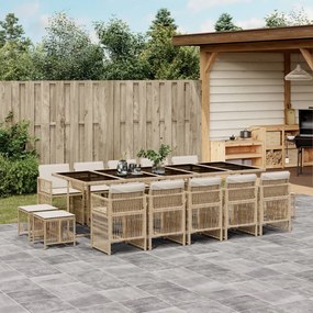 15 pcs conjunto de jantar p/ jardim com almofadões vime PE bege