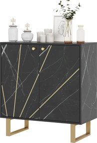 Aparador com 2 portas e prateleira ajustável, pés em metal, 76 x 35 x 77 cm, tom de mármore preto