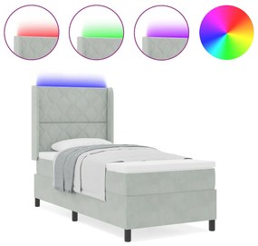 Cama Box Spring com Colchão &amp; Luz LED Cinza Claro 90x190 cm Veludo
