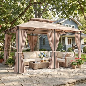 Pérgola para Jardim 3x4 m Pérgola de Exterior com Telhado Duplo 6 Paredes Laterais Estrutura Metálica Caqui