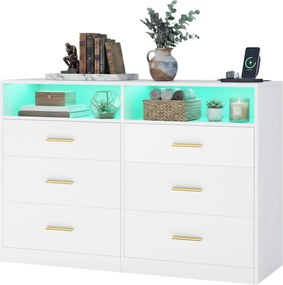 Cómoda com iluminação LED e base de carregamento, 6 gavetas 40 x 119 x 81,2 cm, moderna branca