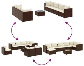 8 pcs conjunto lounge de jardim c/ almofadões vime PE castanho