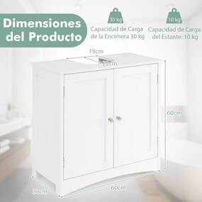 Armario de casa de banho para lavatório (Não incluído) com 2 portas Estante e recorte em U 60 x 30 x 60 cm Branco