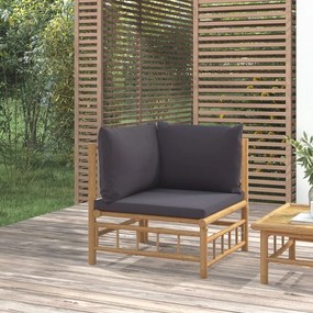 vidaXL Sofá de canto de jardim bambu com almofadões cinzento-escuro