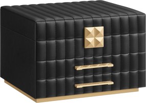SONGMICS HOME Coleção ANAH - Caixa de joias de 3 andares com espelho, organizador de joias com 2 gavetas, superfície de PU com costura, efeito flutuante, 21,5 x 24 x 15,8 cm, ideia de presente, tinta preta JBC183B01