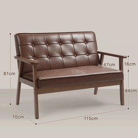 Sofá de 2 Lugares Estofado em Couro PU com Apoio para os Braços de Madeira para Sala de Estar Dormitório115x70x81 cm Castanho