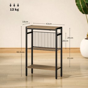 Mesa Auxiliar Estreita de 3 Níveis com Prateleiras Abertas e Estrutura de Aço para Sala e Quarto 43x18x62,5cm Carvalho