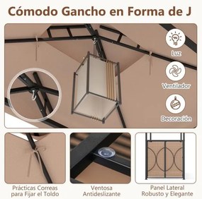 Conjunto de Pérgula para Churrasqueira ou bar 194 x 121 x 242 cm com 2 Bancos Estante Metálica de 2 Níveis com Teto Duplo Castanho