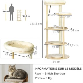 Arranhador  para gatos com arranhador, postes de sisal, almofada removível, plataforma de pelúcia e madeira, altura 123,5 cm, bege