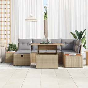 Conjunto de Sofá de Jardim 7 Peças com Almofadas Bege Ratan Acácia
