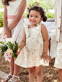 Vestido às flores, em gaze de algodão, para bebé cru