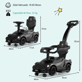 Carrinho de bebé deslizante 3 em 1 com corrimão e guiador amovíveis Música e faróis Rodas Carrinho de bebé Preto