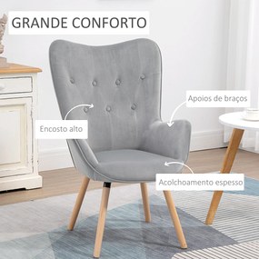 HOMCOM Poltrona Individual Estofada em Veludo Poltrona com Encosto Alto Apoio para os Braços e Pés de Madeira de Faia para Sala de Jantar Cozinha 68x75,5x104,5cm Cinza