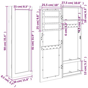 Móvel para joias de parede espelhado 30x8,5x90 cm preto