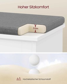Banco para sapatos com almofada 30 x 60 x 53,5 cm, compartimento rebatível e divisória ajustável Branco-Cinzento