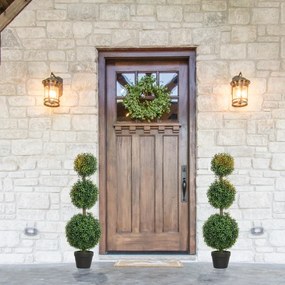 Conjunto de 2 árvores artificiais de 101,6 cm com 3 bolas de buxo topiárias, planta artificial verde em PE, com vaso interior e exterior