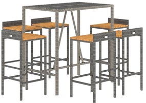7 pcs conjunto de bar p/ jardim vime PE/acácia maciça cinzento