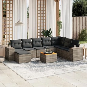 9 pcs conjunto sofás p/ jardim com almofadões vime PE cinzento