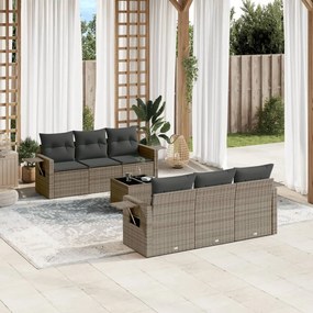7 pcs conjunto sofás p/ jardim c/ almofadões vime PE cinzento