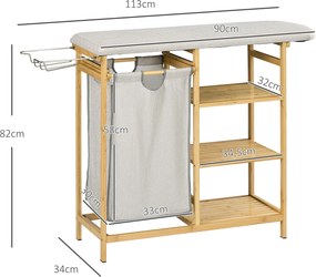 Cesto de Roupa Suja 57,4 L com Tábua de Passar Suporte para Ferro 3 Prateleiras e Bolsa Removível 113x34x82 cm Madeira e Cinza