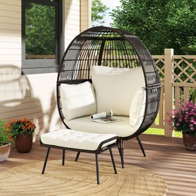 Conjunto de cadeira grande Jardim em forma de ovo com apoio para os pés em rattan PE com almofadas macias Castanho