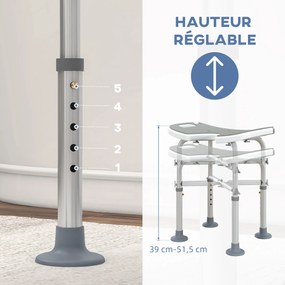 Banco de duche com assento, altura ajustável de 39 a 51,5 cm, barra de apoio com ventosas e patins com ventosas, cinzento