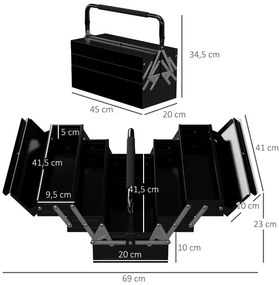 Caixa de Ferramentas de Aço Dobrável com 5 Compartimentos Mala de Ferramentas com Pega para Oficina e Casa 45x20x34,5 cm Preto