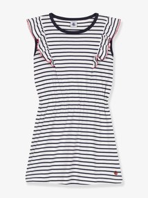 Vestido às riscas, em algodão, para criança, Petit Bateau marinho