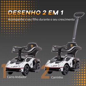 AIYAPLAY 2 em 1 Carro Andador para Crianças 12-36 Meses Lamborghini Essenza SCV2 Carro Andador com Buzina Guiador e Grade de Segurança Removível 86,5x40x89,5cm Branco e Preto