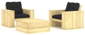 3 pcs conjunto lounge de jardim com almofadões pinho impregnado