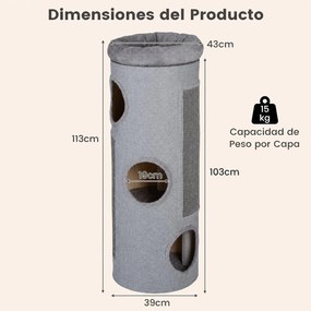 Arranhador para Gatos, 43 x 43 x 113 cm, Com 3 Grutas, Cinzento-claro