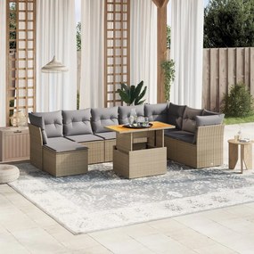 9 pcs conjunto de sofás p/ jardim com almofadões vime PE bege