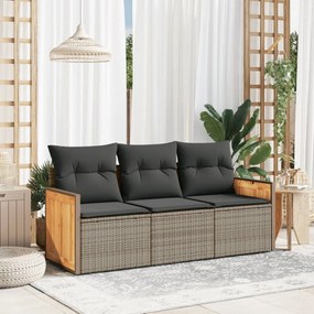 vidaXL 3 pcs conjunto sofás de jardim c/ almofadões vime PE cinzento