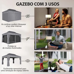 Pérgola de Jardim 390x290x270 cm com 4 Cortinas Laterais 4 Telas Mosquiteiras e 8 Orifícios de Drenagem Cinza