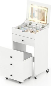 Toucador 3 em 1,  50,5 x 40,5 x 85 cm: Espelho com luzes, dobrável, mesa de maquilhagem, gavetas, banco, arrumação, rodas, ideal para espaços pequenos