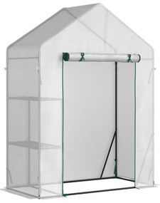 Outsunny Estufa de Jardim 143x73x195cm Estufa de Aço com 2 Prateleiras e Porta Enrolável para Cultivos de Plantas Vasos de Flores Pátio Exterior Branco