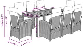 9 pcs conjunto de jantar p/ jardim c/ almofadões vime PE preto