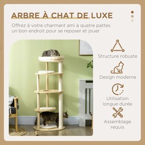 Arranhador  para gatos com arranhador, postes de sisal, almofada removível, plataforma de pelúcia e madeira, altura 123,5 cm, bege