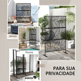 Biombo de 3 Painéis 122x198 cm Biombo Separador de Ambientes com Suporte Design de Folhas Grandes Preto