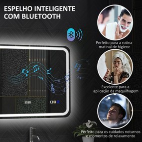 Espelho de Casa de Banho com Luz LED 70x50 cm Bluetooth 3 Cores de Luz Relógio Digital Função Antiembaciamento Memória Prata