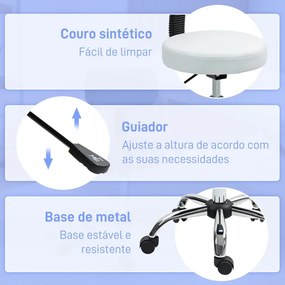Banco Giratório com Rodas e Encosto Banco de Trabalho com Altura Ajustável 78-93 cm Estofado em Couro Sintético Branco