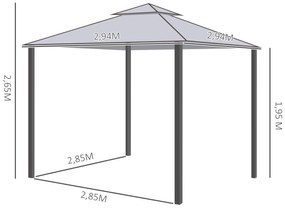 Pérgola de Jardim 294x294x265cm com Duplo Teto de Ventilação 8 Orifícios de Drenagem e 4 Telas Mosquiteiras Cinza