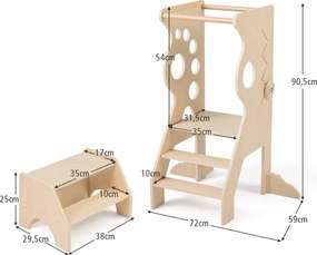 Banco de cozinha infantil 72 x 59 x 90,5 cm Torre de aprendizagem 2 em 1 com barras de segurança e 2 degraus para crianças +3 anos Natural