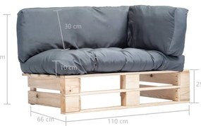 Sofá de paletes para jardim com almofadões cinzentos pinho
