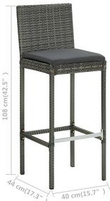 Bancos de bar p/ jardim com almofadões 4 pcs vime PE cinzento
