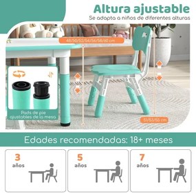 Conjunto de mesa para crianças e 4 cadeiras mesa regulável em altura com superfície de graffiti multifunções para arte e estudo Verde