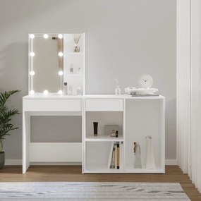 vidaXL Toucador com armário e luzes LED derivados de madeira branco