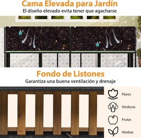 Conjunto de moveis jardim 150 x 70 x 73 cm com floreira de jardim elevada, mesa de rattan PE, cadeiras integradas e arrumação para pátio ou alpendre,