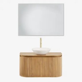 Conjunto De Móvel De Casa De Banho Suspenso Em Madeira De Manga Analis Madeira Natural & Cimento Redondo Branco Ø40 Cm Zavion & Led - Sklum