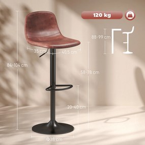 Conjunto 2 Bancos de Bar Reguláveis em Altura 84-104 cm com Encosto e Apoio para os Pés Estofadas em PU Giratórias em 360° Castanho